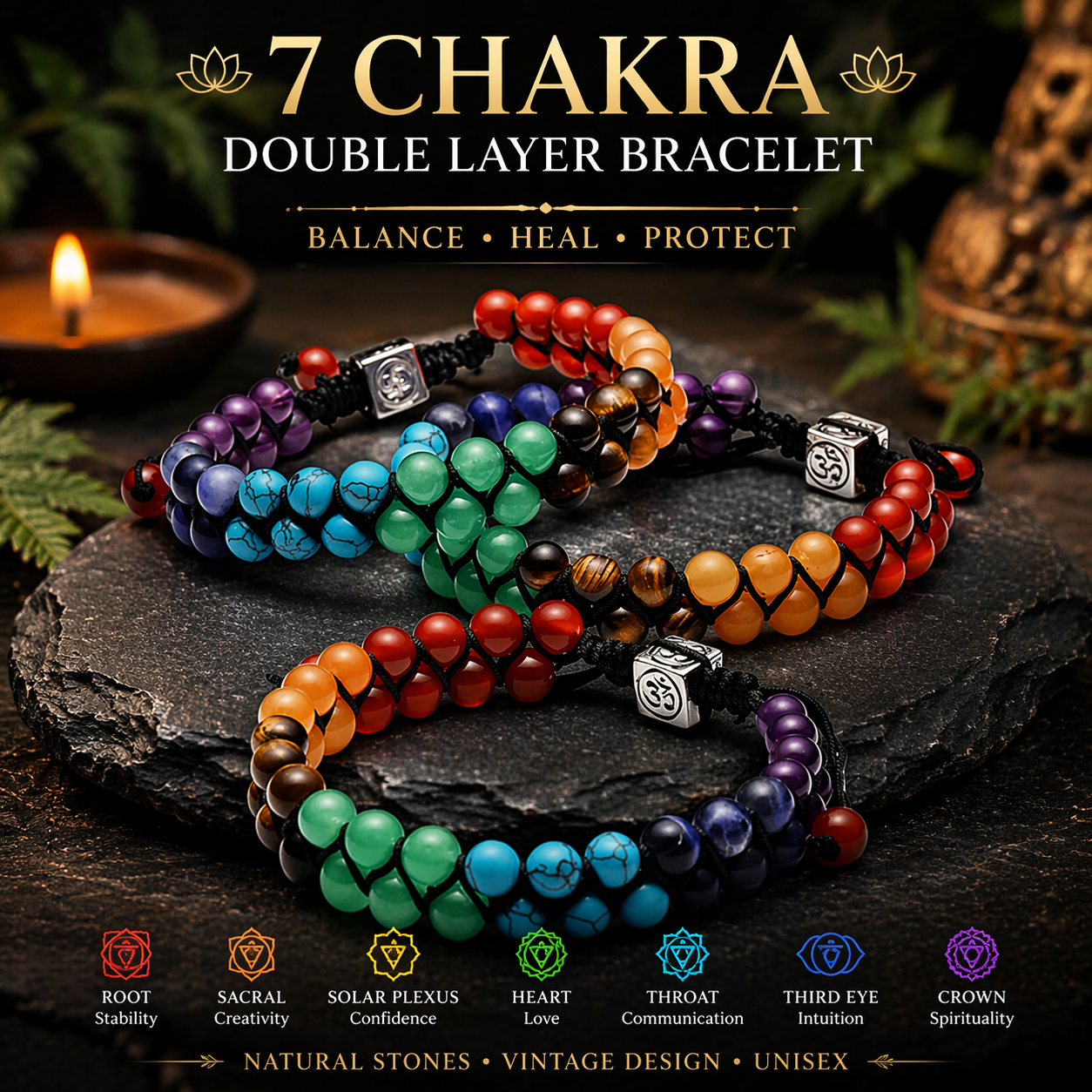Double Layer 7 Chakra Bracelets for Men and Women, Vintage Indian Yoga Bracelet, Chakra Beads, Lava Stone Beads Bracelet, Healing Jewelry (Color : Chakra Bracelet E)
