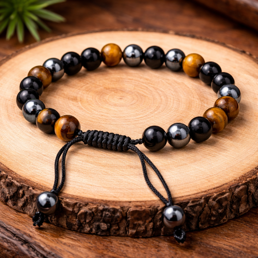 SHIELD OF STRENGTH HEMATITE & TIGER EYE BRACELET